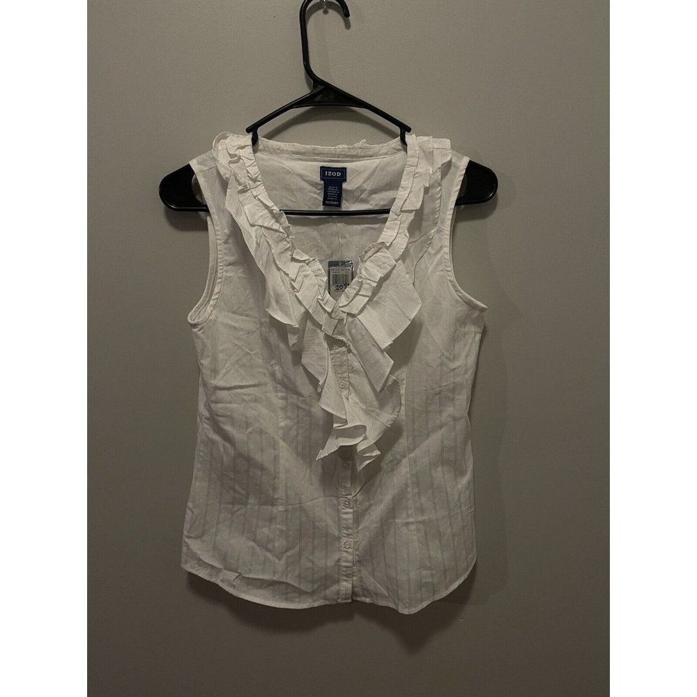 Izod Ladies XS White Button Down Ruffle Neck-Front Sleeveless Blouse Top NWT $62